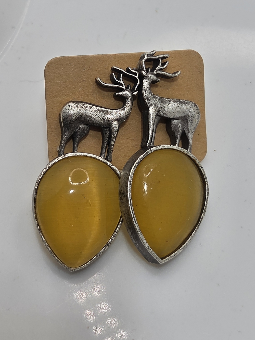 Rustic Silver Deer & Yellow Teardrop Stone Statement Earrings Woodland Boho 🦌💛